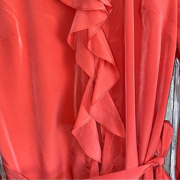 Lane Bryant Peachy Pink Tie Waist Ruffle Hidden Button Down Silky Blouse - Picture 3 of 8